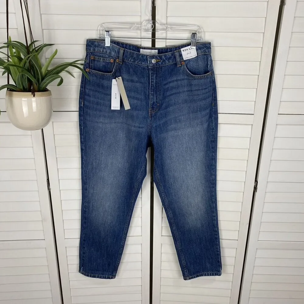 New Topshop Mom Jeans High Waisted Tapered Leg‎ Medium Wash Blue Size 34 US 12